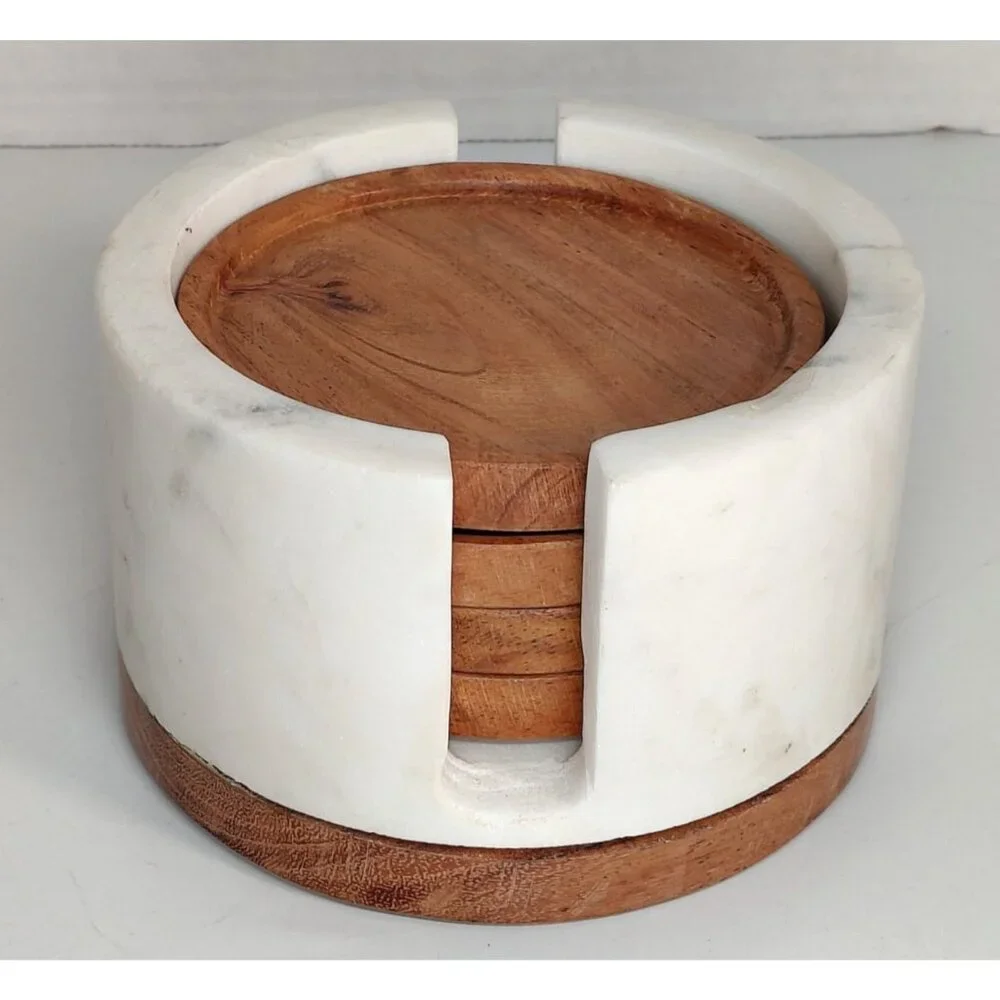 Etched B Monogram Wood Coasters Set with White Heavy Marble Holder Wood Base